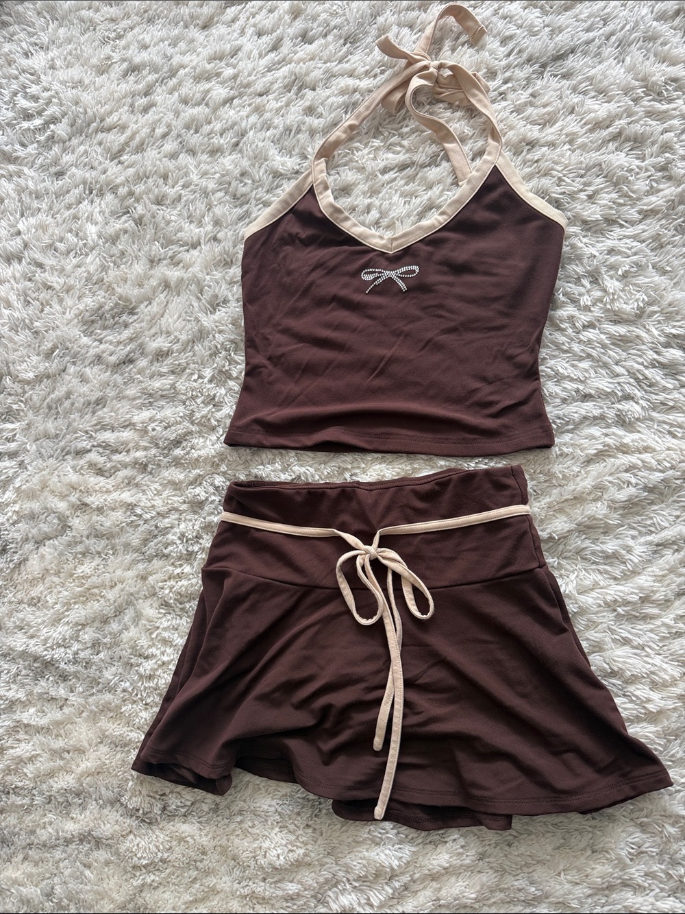 Tiger must Brown Halter Crop Top and Skirt/Skort Set with Contrast Trim